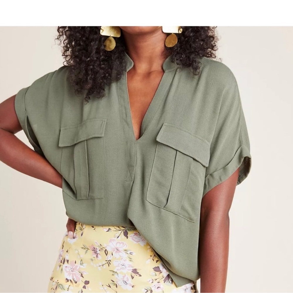 Anthropologie Olive Green Short-Sleeve Utility Blouse
